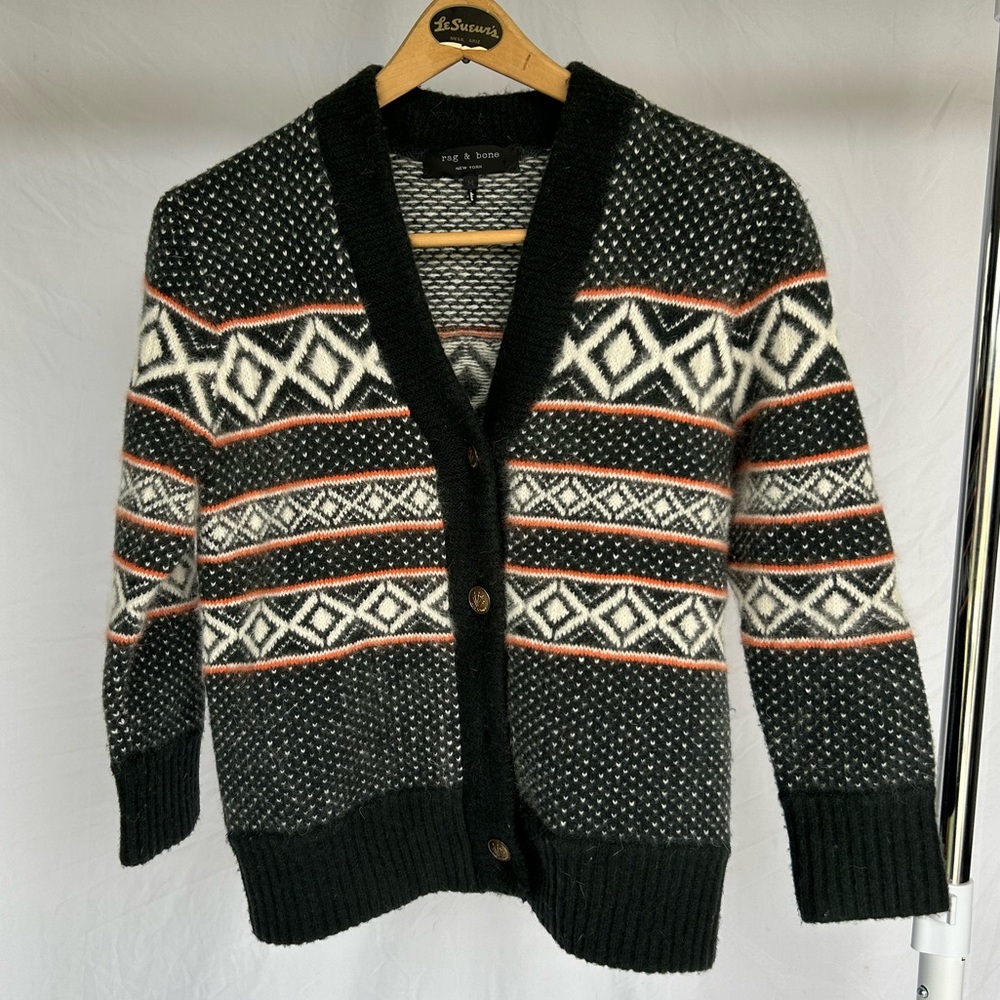 rag & bone Wool Blend Charcoal, Cream, & Orange FairIsle Cardigan Sweater size M